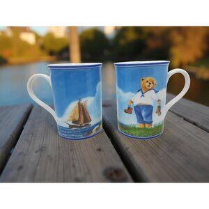 Vintage Set Of 2 Teddington Bear & Sailboat Design Mugs
